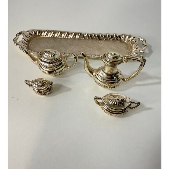 Vintage Miniature Dollhouse Silver Plated Tea Set 6-Piece w/ Tray 1990s #756165 - Picture 5 of 7